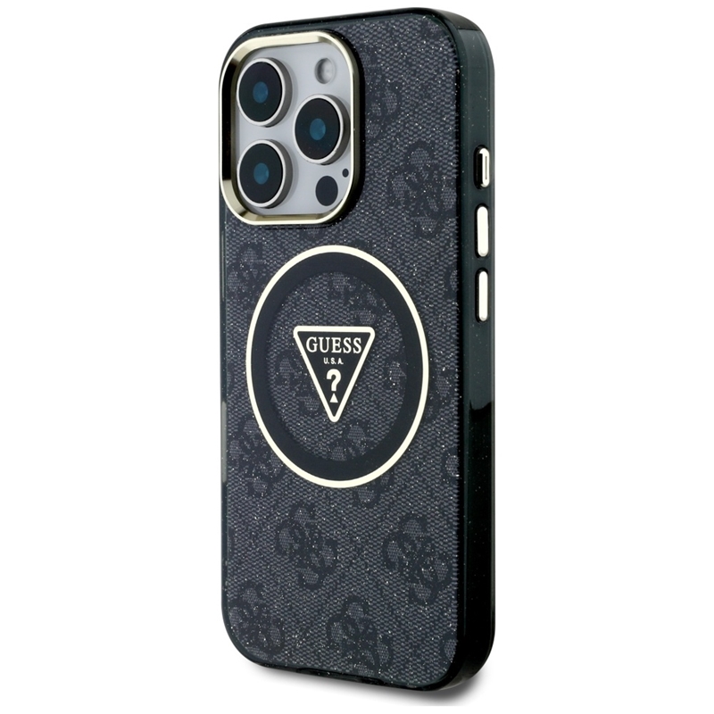 Guess IML Metal Glitter 4G Circle Triangle MagSafe - Etui do iPhone 16 Pro (czarny)