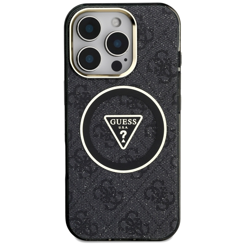 Guess IML Metal Glitter 4G Circle Triangle MagSafe - Etui do iPhone 16 Pro Max (czarny)
