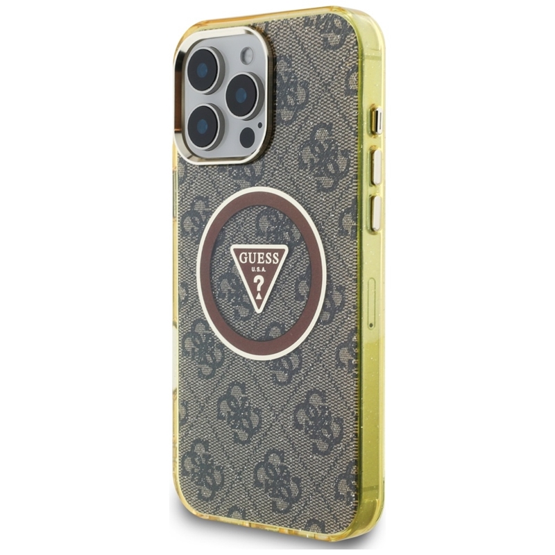 Guess IML Metal Glitter 4G Circle Triangle MagSafe - Etui do iPhone 16 Pro (brązowy)