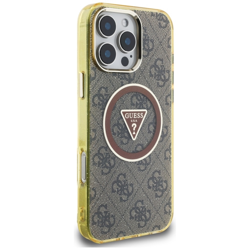 Guess IML Metal Glitter 4G Circle Triangle MagSafe - Etui do iPhone 16 Pro (brązowy)