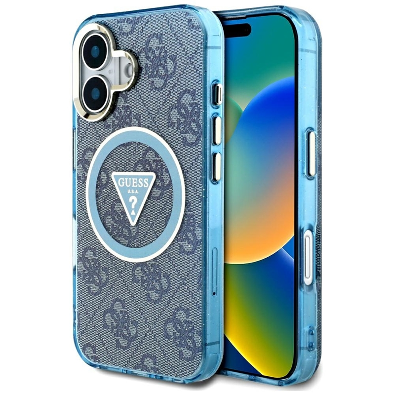 Guess IML Metal Glitter 4G Circle Triangle MagSafe - Etui do iPhone 16 (niebieski)
