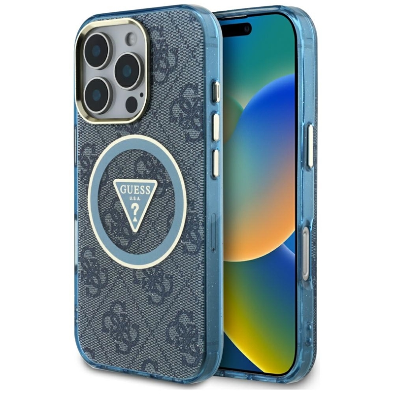 Guess IML Metal Glitter 4G Circle Triangle MagSafe - Etui do iPhone 16 Pro (niebieski)