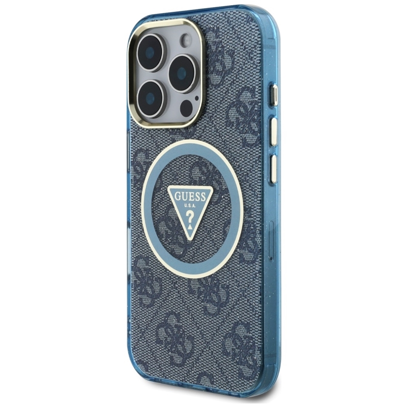 Guess IML Metal Glitter 4G Circle Triangle MagSafe - Etui do iPhone 16 Pro (niebieski)