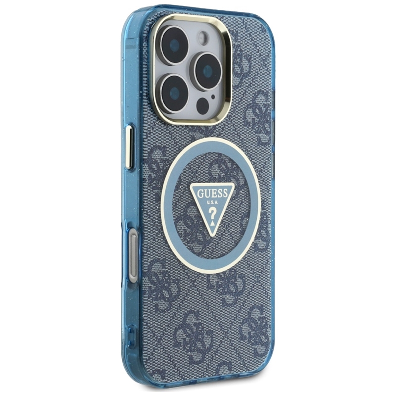 Guess IML Metal Glitter 4G Circle Triangle MagSafe - Etui do iPhone 16 Pro Max (niebieski)