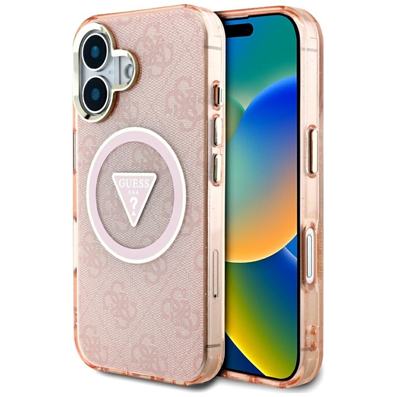 Guess IML Metal Glitter 4G Circle Triangle MagSafe - Etui do iPhone 16 (różowy)