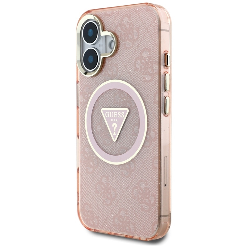 Guess IML Metal Glitter 4G Circle Triangle MagSafe - Etui do iPhone 16 (różowy)