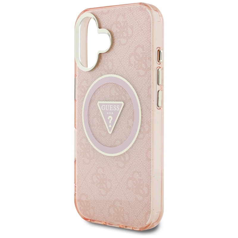 Guess IML Metal Glitter 4G Circle Triangle MagSafe - Etui do iPhone 16 (różowy)