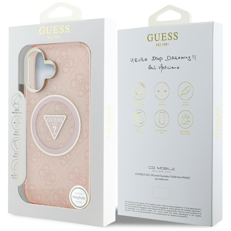 Guess IML Metal Glitter 4G Circle Triangle MagSafe - Etui do iPhone 16 (różowy)