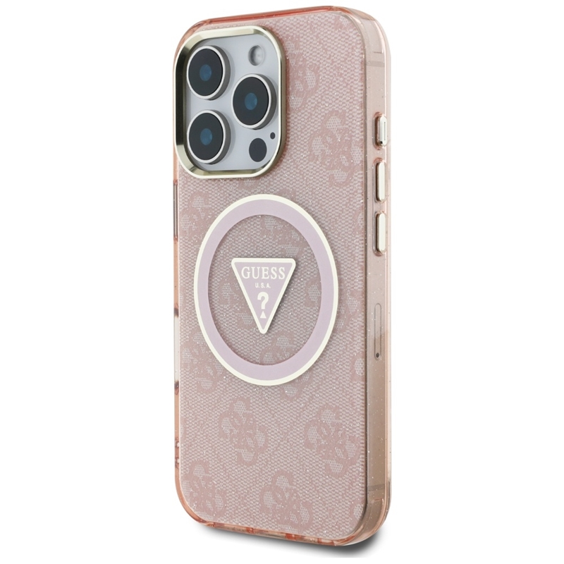 Guess IML Metal Glitter 4G Circle Triangle MagSafe - Etui do iPhone 16 Pro (różowy)