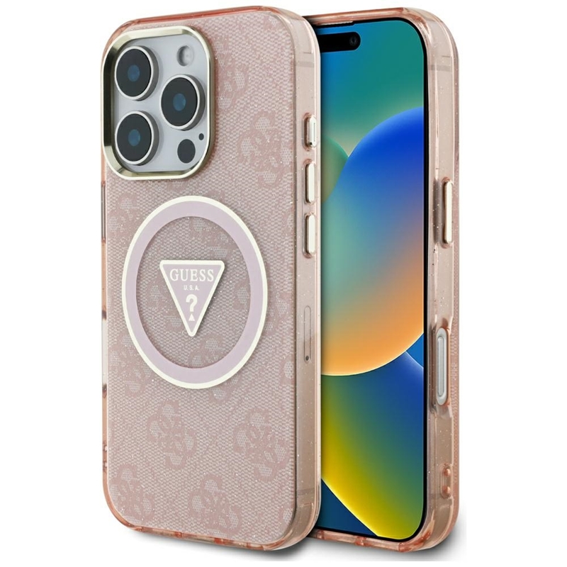 Guess IML Metal Glitter 4G Circle Triangle MagSafe - Etui do iPhone 16 Pro Max (różowy)
