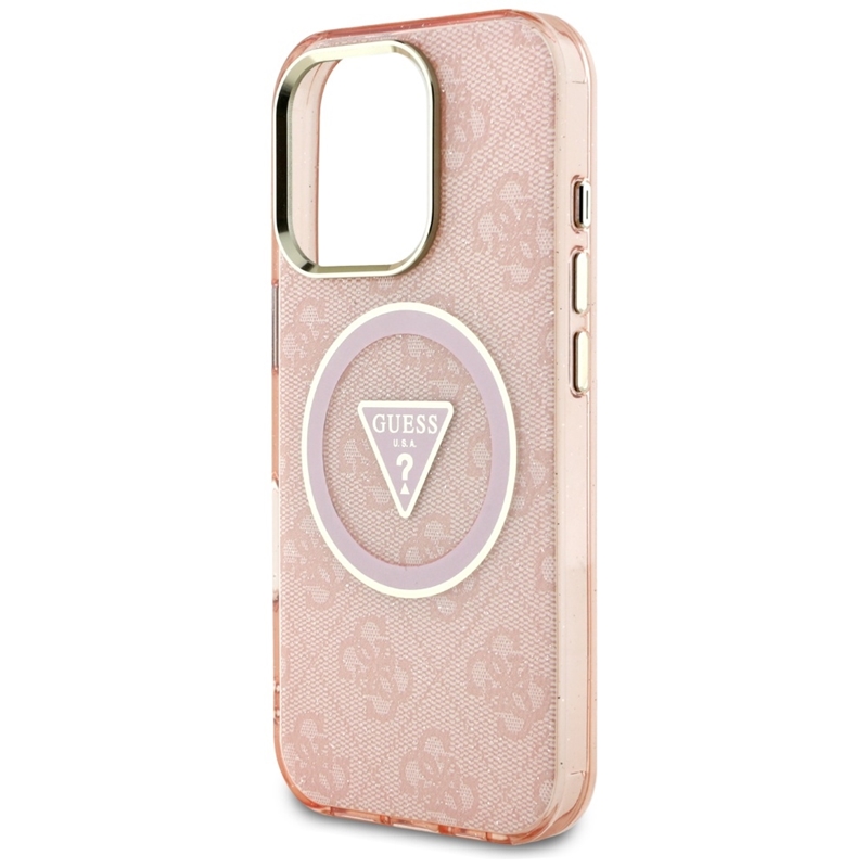 Guess IML Metal Glitter 4G Circle Triangle MagSafe - Etui do iPhone 16 Pro Max (różowy)