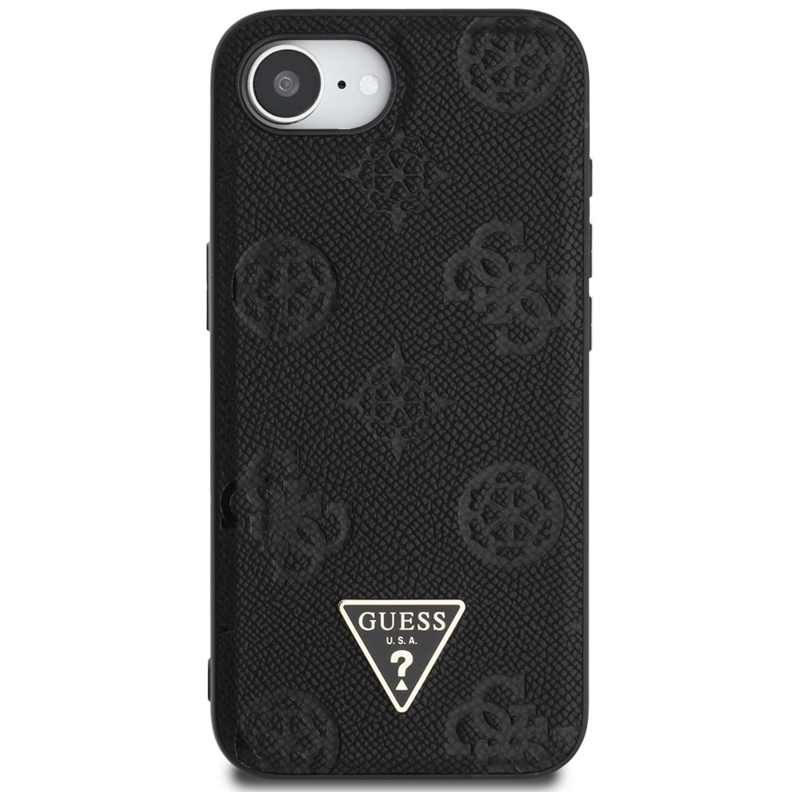 Guess Grained Hot Stamp Peony Triangle Logo MagSafe - Etui do iPhone 16e (czarny)