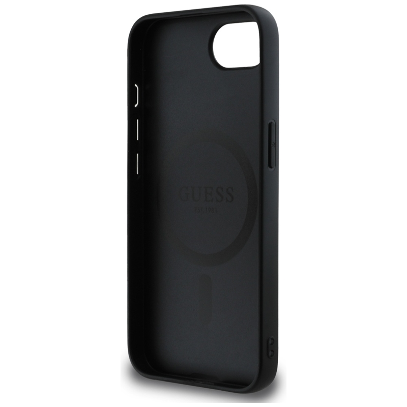Guess Grained Hot Stamp Peony Triangle Logo MagSafe - Etui do iPhone 16e (czarny)