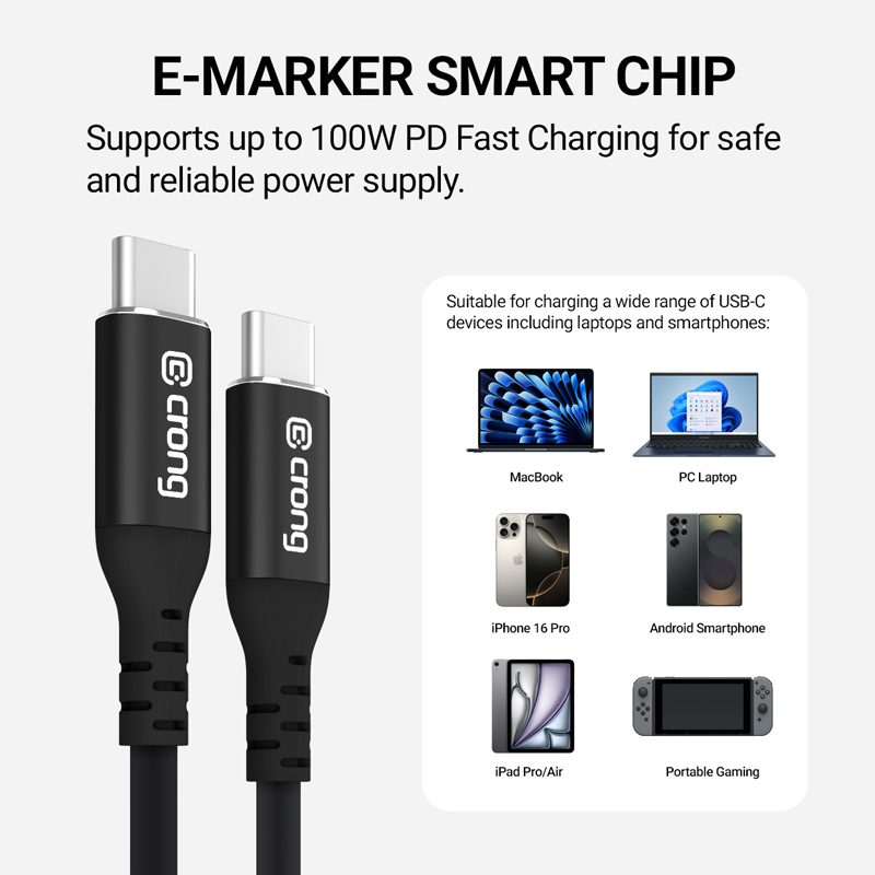 Crong Soft Link - Kabel 100W PD 5A USB-C do USB-C 200cm (czarny)