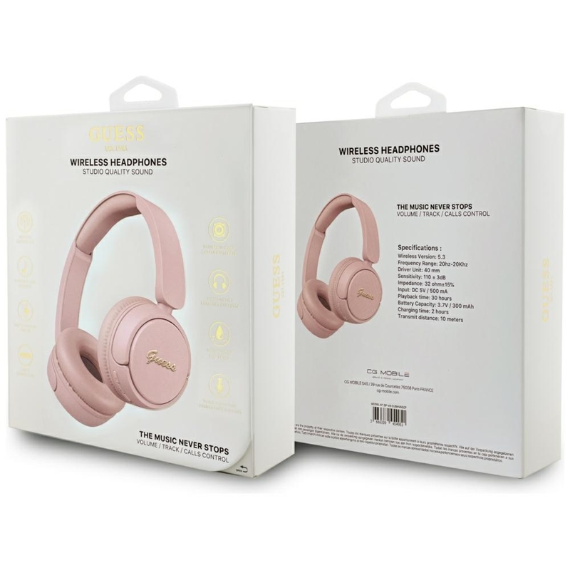 Guess Metal Logo Script - Bezprzewodowe słuchawki nauszne Bluetooth V5.3 (różowy)