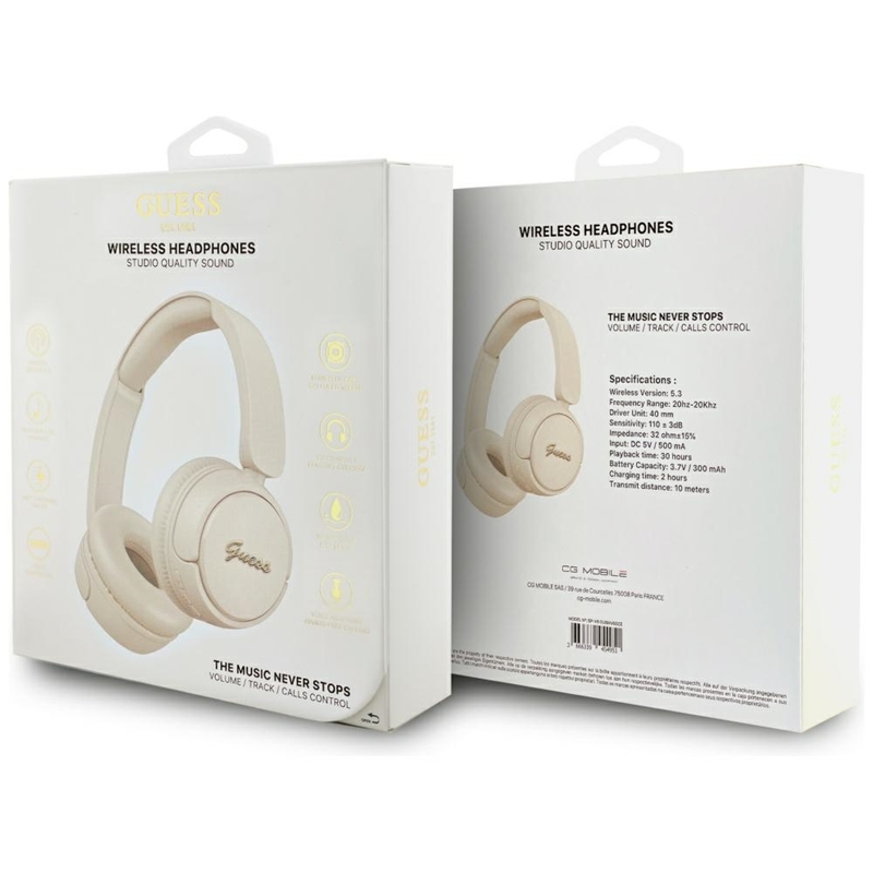 Guess Metal Logo Script - Bezprzewodowe słuchawki nauszne Bluetooth V5.3 (beżowy)