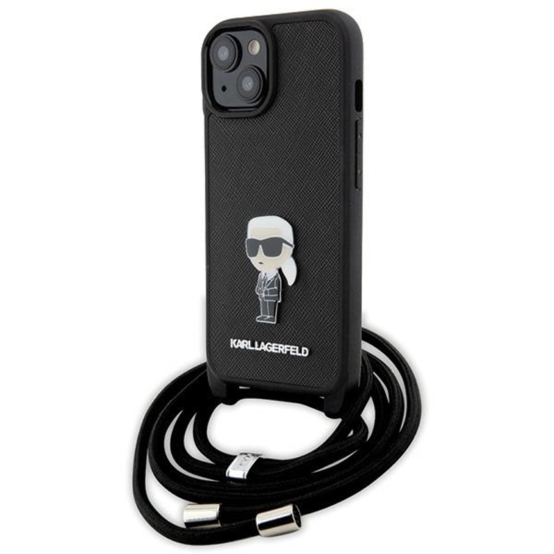 Karl Lagerfeld Crossbody Saffiano Monogram Ikonik Metal Pin - Etui iPhone 15 (czarny)