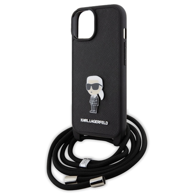 Karl Lagerfeld Crossbody Saffiano Monogram Ikonik Metal Pin - Etui iPhone 15 (czarny)