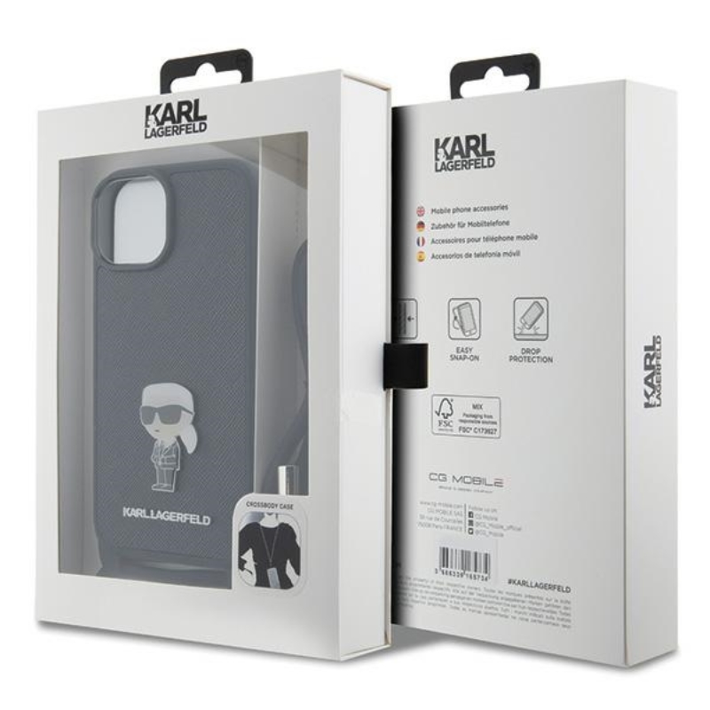 Karl Lagerfeld Crossbody Saffiano Monogram Ikonik Metal Pin - Etui iPhone 15 (czarny)