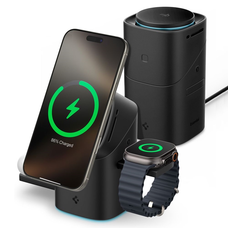 Spigen Essential EF223MS Qi2 Rotary Magnetic - Ładowarka indukcyjna MagSafe 3w1 do iPhone, AirPods i Apple Watch 15W (Black)