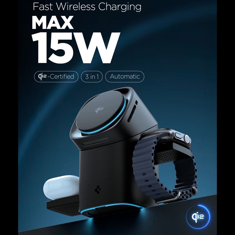 Spigen Essential EF223MS Qi2 Rotary Magnetic - Ładowarka indukcyjna MagSafe 3w1 do iPhone, AirPods i Apple Watch 15W (Black)