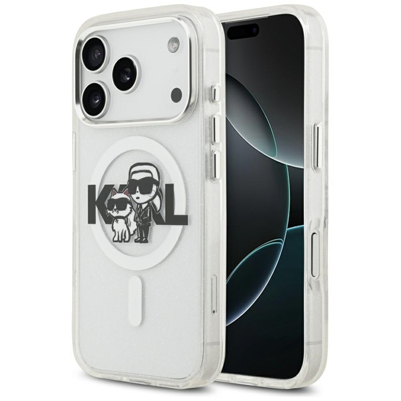 Karl Lagerfeld IML Glitter Karl & Choupette Sketch Logo MagSafe - Etui iPhone 17 Pro (przezroczysty)