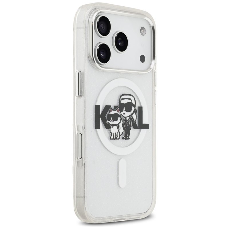 Karl Lagerfeld IML Glitter Karl & Choupette Sketch Logo MagSafe - Etui iPhone 17 Pro (przezroczysty)