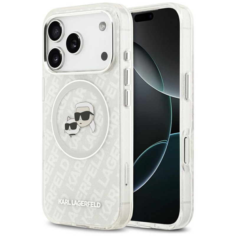 Karl Lagerfeld IML Glitter Karl & Choupette Heads Logo MagSafe - Etui iPhone 17 Pro (szary)