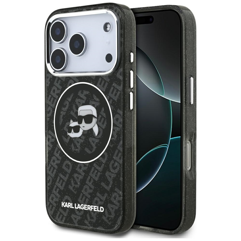Karl Lagerfeld IML Glitter Karl & Choupette Heads Logo MagSafe - Etui iPhone 17 Pro (czarny)