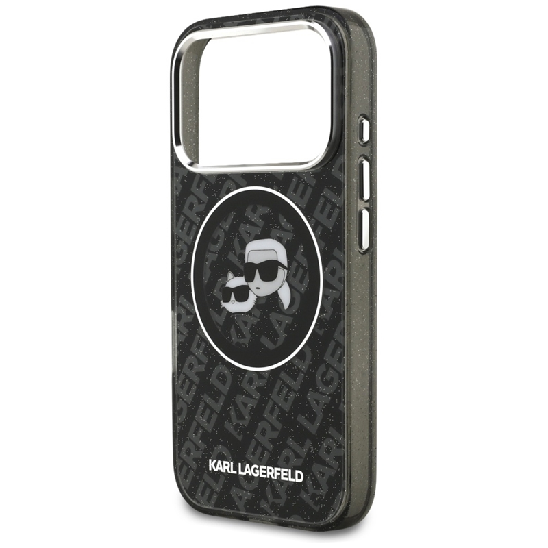 Karl Lagerfeld IML Glitter Karl & Choupette Heads Logo MagSafe - Etui iPhone 17 Pro (czarny)
