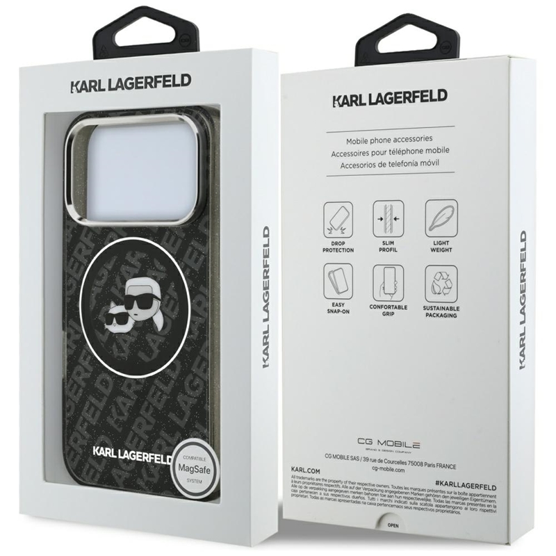 Karl Lagerfeld IML Glitter Karl & Choupette Heads Logo MagSafe - Etui iPhone 17 Pro (czarny)