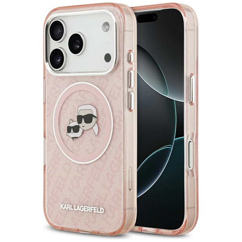 Karl Lagerfeld IML Glitter Karl & Choupette Heads Logo MagSafe - Etui iPhone 17 Pro Max (różowy)