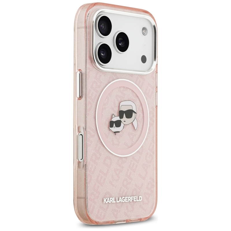 Karl Lagerfeld IML Glitter Karl & Choupette Heads Logo MagSafe - Etui iPhone 17 Pro Max (różowy)