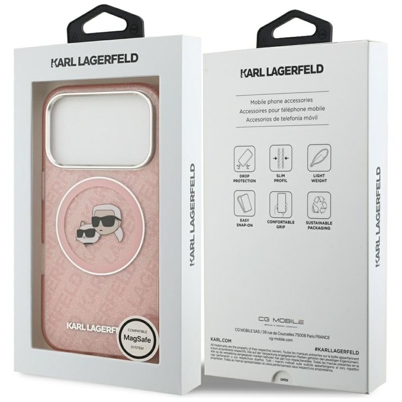 Karl Lagerfeld IML Glitter Karl & Choupette Heads Logo MagSafe - Etui iPhone 17 Pro Max (różowy)