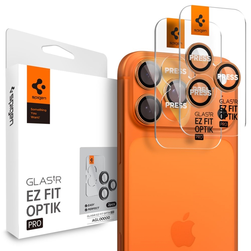 Spigen Optik Pro GLAS.TR EZ Fit Camera Protector 2-Pack - Szkło ochronne na obiektyw do iPhone 16 Pro / 16 Pro Max / 17 Pro / 17 Pro Max (Orange)