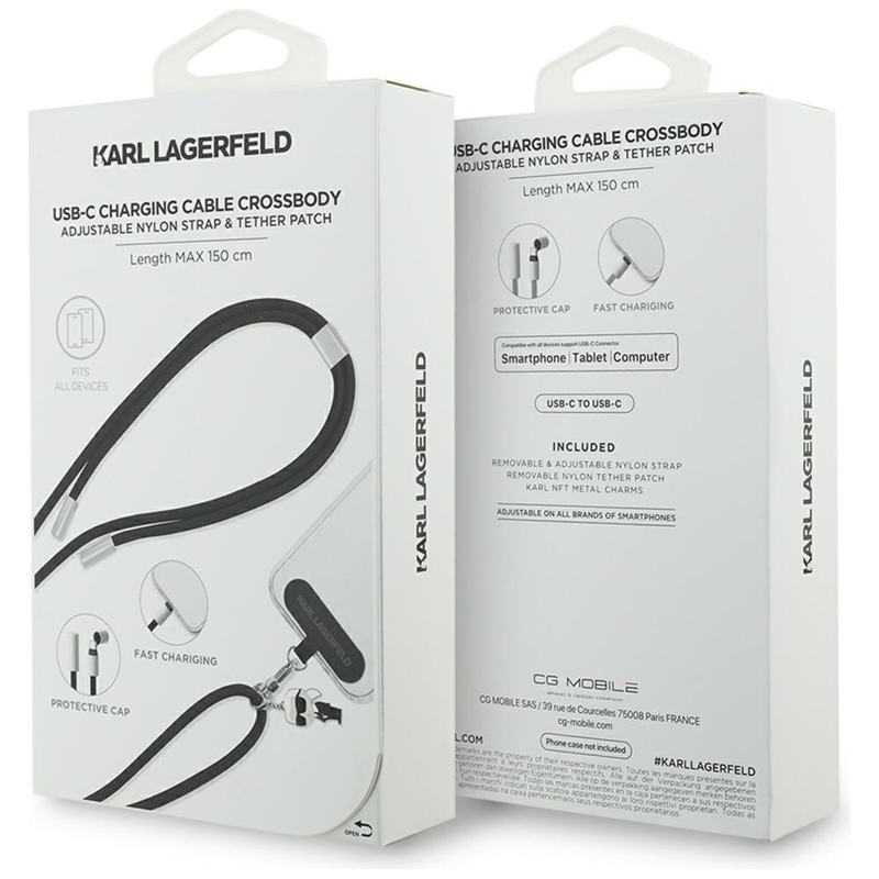 Karl Lagerfeld Crossbody Strap Ikonik Charm - Uniwersalny pasek do telefonu / kabel USB-C do USB-C 1.5m (czarny)