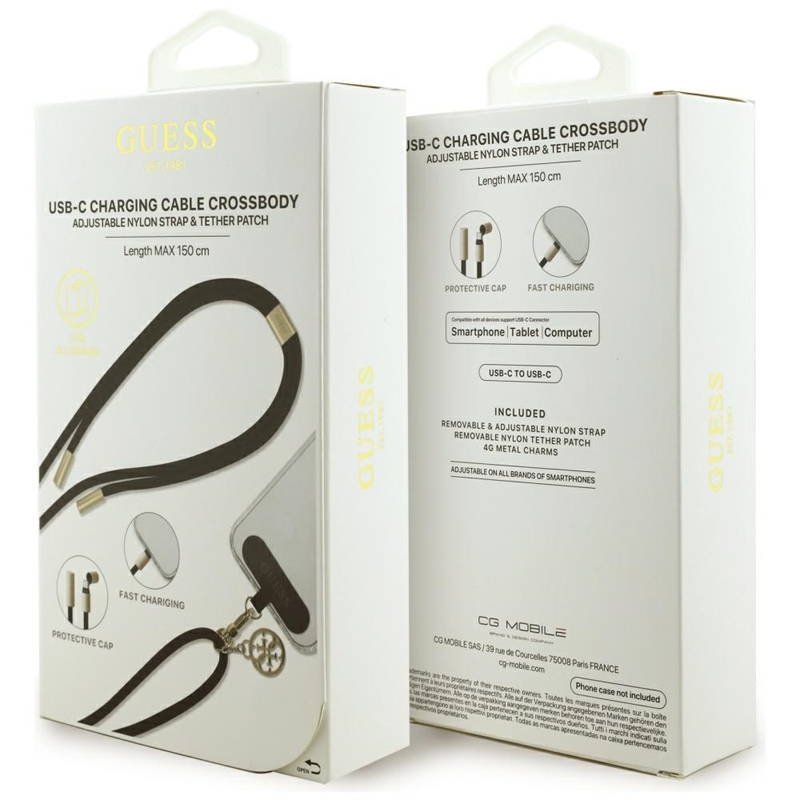 Guess Crossbody Strap 4G Charm - Uniwersalny pasek do telefonu / kabel USB-C do USB-C 1.5m (czarny)