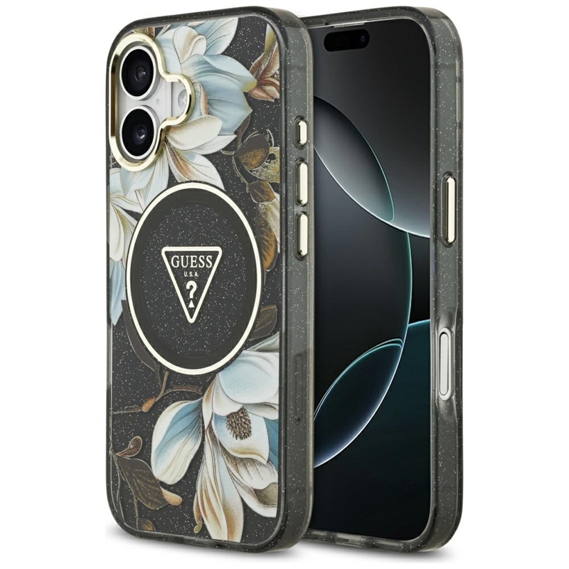 Guess IML Glitter Flowers Triangle MagSafe - Etui iPhone 17 (czarny)