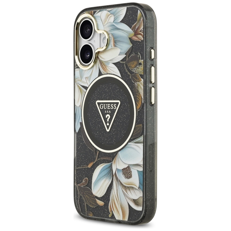 Guess IML Glitter Flowers Triangle MagSafe - Etui iPhone 17 (czarny)
