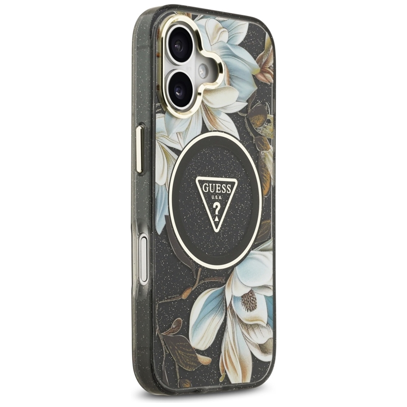 Guess IML Glitter Flowers Triangle MagSafe - Etui iPhone 17 (czarny)