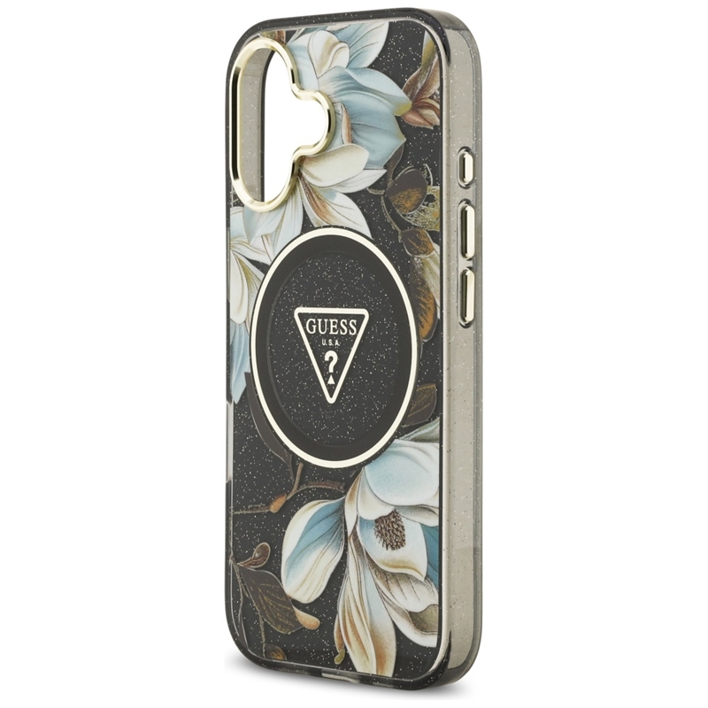 Guess IML Glitter Flowers Triangle MagSafe - Etui iPhone 17 (czarny)