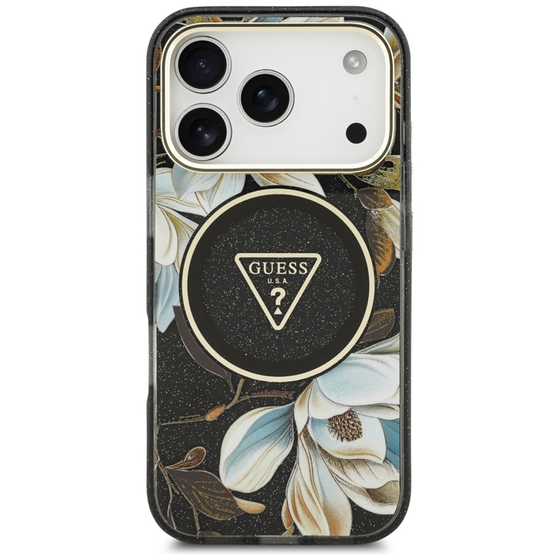 Guess IML Glitter Flowers Triangle MagSafe - Etui iPhone 17 Pro (czarny)