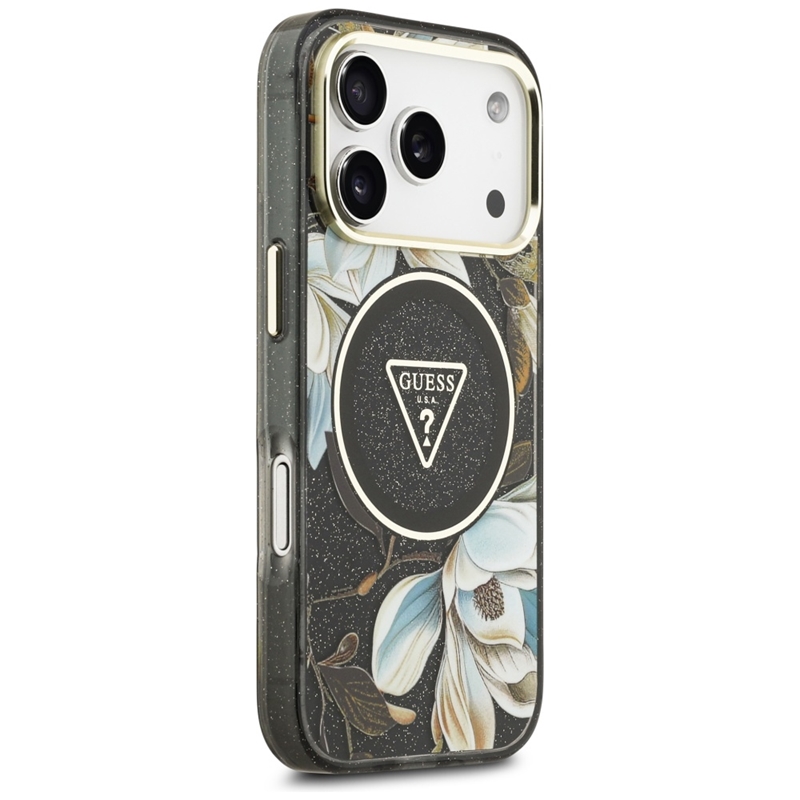 Guess IML Glitter Flowers Triangle MagSafe - Etui iPhone 17 Pro (czarny)