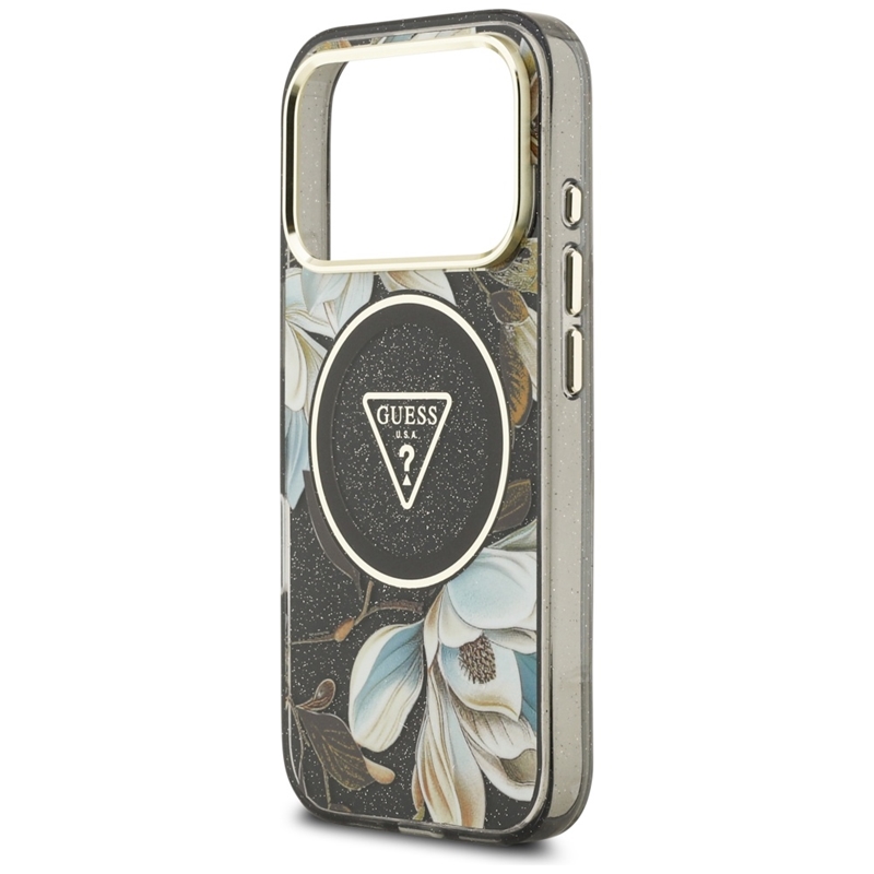 Guess IML Glitter Flowers Triangle MagSafe - Etui iPhone 17 Pro (czarny)