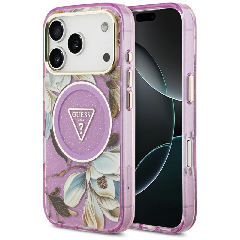 Guess IML Glitter Flowers Triangle MagSafe - Etui iPhone 17 Pro (fioletowy)