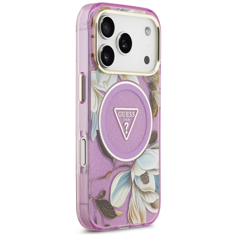 Guess IML Glitter Flowers Triangle MagSafe - Etui iPhone 17 Pro (fioletowy)