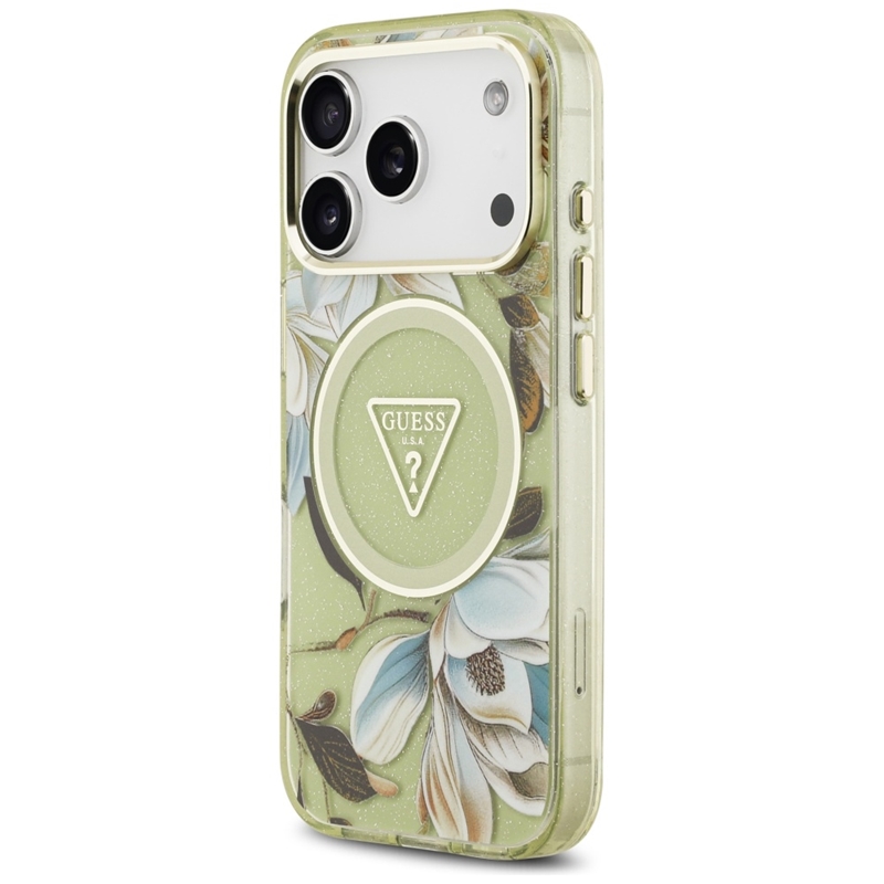 Guess IML Glitter Flowers Triangle MagSafe - Etui iPhone 17 Pro (zielony)