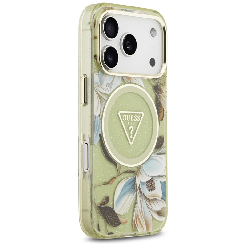 Guess IML Glitter Flowers Triangle MagSafe - Etui iPhone 17 Pro (zielony)