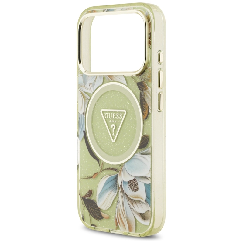 Guess IML Glitter Flowers Triangle MagSafe - Etui iPhone 17 Pro (zielony)