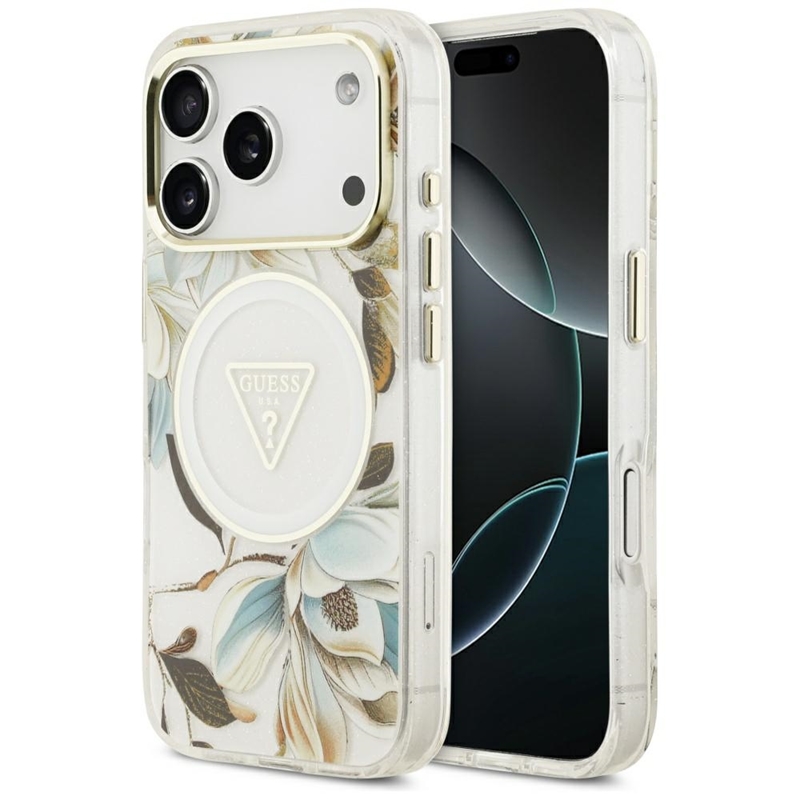 Guess IML Glitter Flowers Triangle MagSafe - Etui iPhone 17 Pro Max (biały)